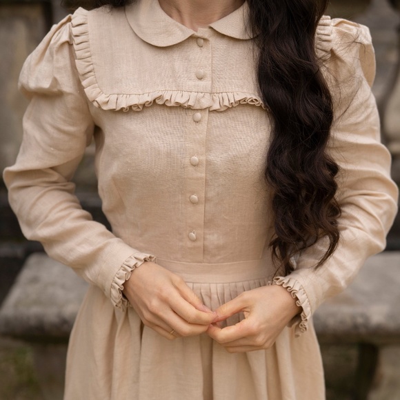 Brown Long Sleeved Linen Dress - Picture 1 of 6